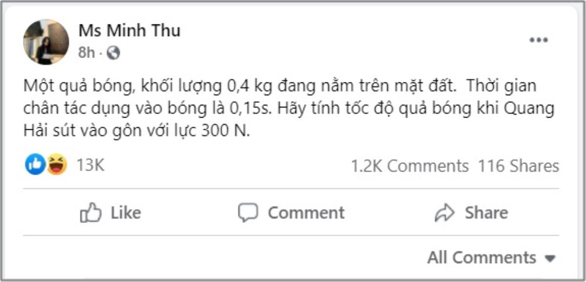 Ra đề Vật lý theo bàn thắng của Quang Hải, Minh Thu lại bị dân tình chỉ ra thiếu sót quan trọng Ảnh 1