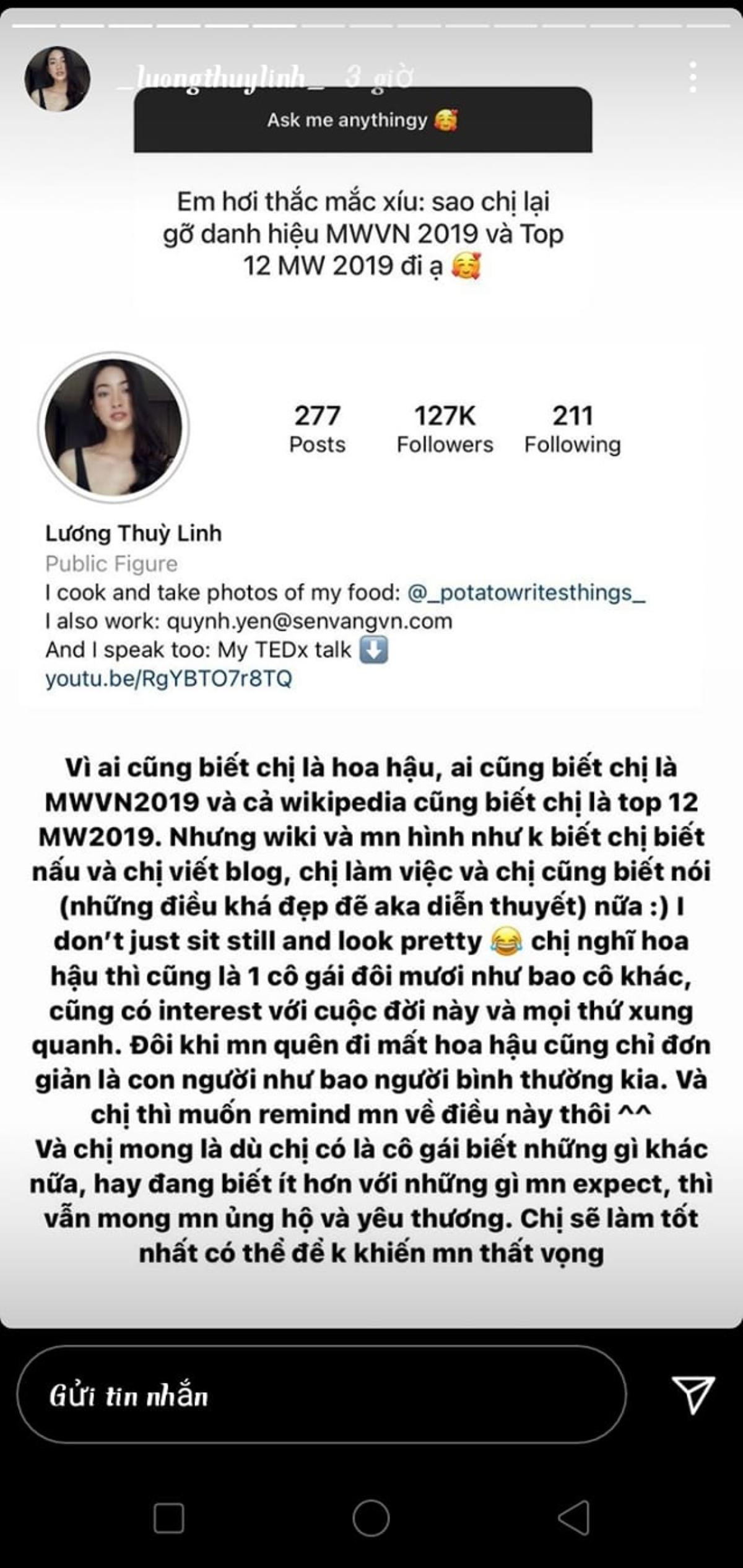 Lương Thùy Linh đột nhiên gỡ bỏ danh hiệu top 12 Miss World 2019 trên instagram Ảnh 1