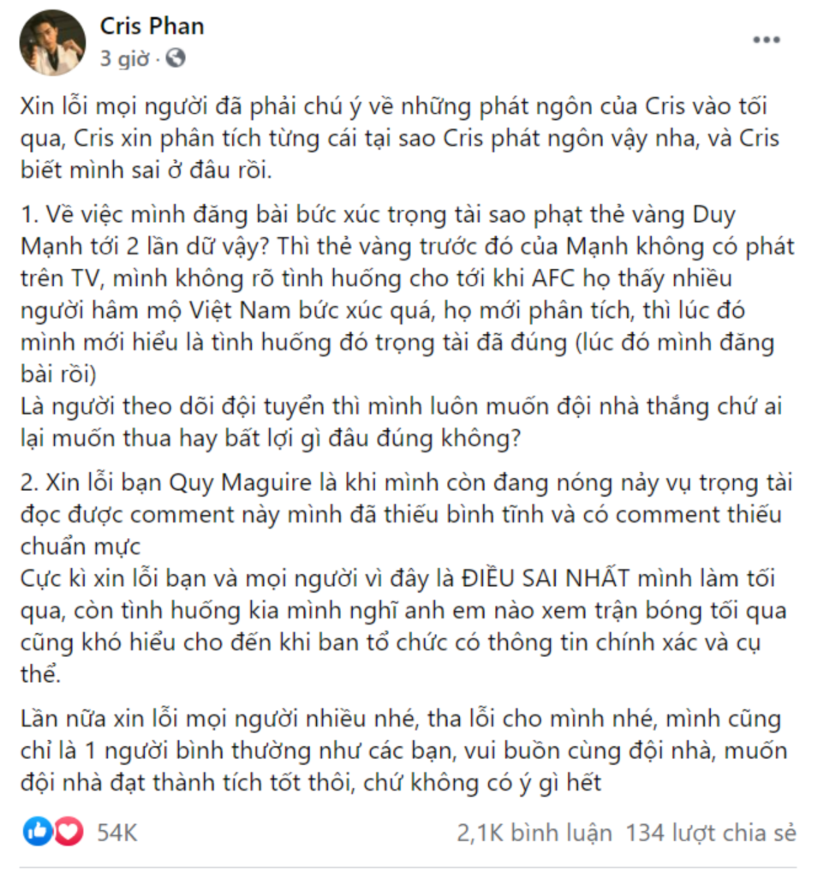 Sau phát ngôn kém duyên về trọng tài trong trận Việt Nam - Saudi Arabia, Cris Phan lên tiếng xin lỗi Ảnh 4