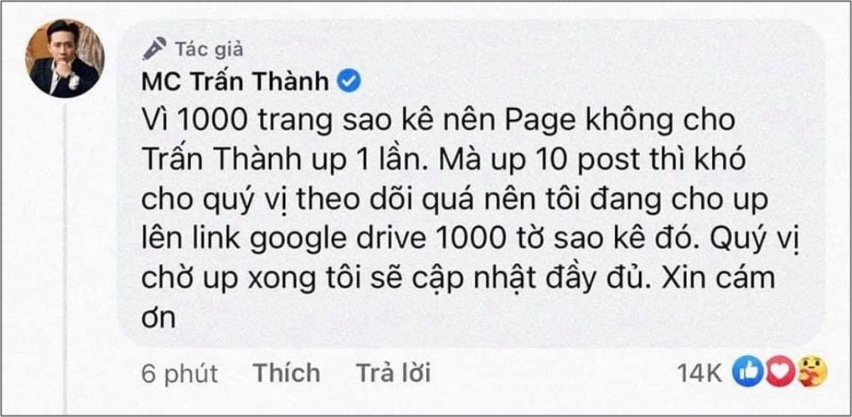 Trấn Thành chia 10 post để công khai 1.000 trang sao kê, dân tình thắc mắc sao phải 'cồng kềnh' thế? Ảnh 2