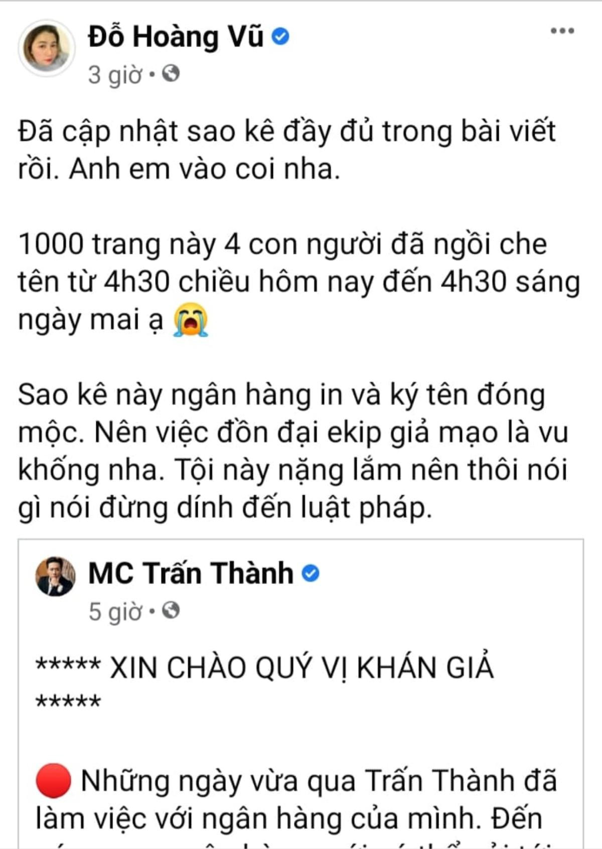 Quản lý lên tiếng khi 1.000 trang sao kê của Trấn Thành bị đồn là giả mạo Ảnh 2