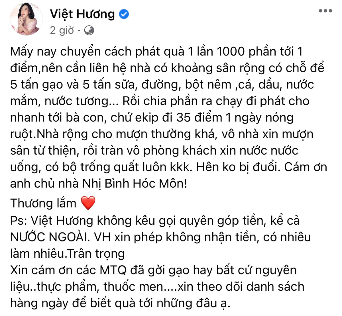 Nghệ sĩ Việt Hương minh bạch 'sao kê' hàng ngày: 'Không nhận tiền, có nhiêu làm nhiêu' Ảnh 1