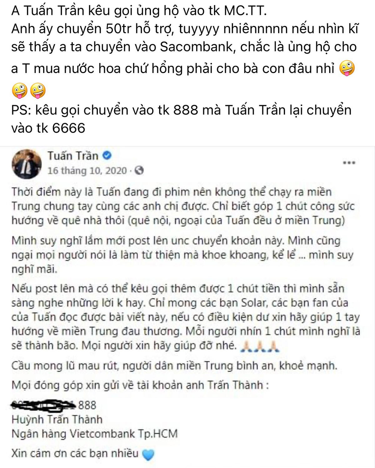 Tuấn Trần lên tiếng thanh minh khi chuyển tiền quyên góp nhầm vào tài khoản cá nhân của Trấn Thành Ảnh 2