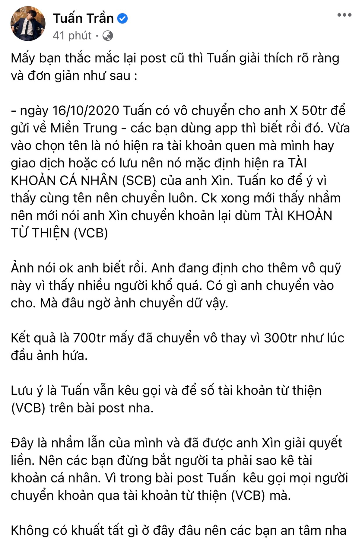 Tuấn Trần lên tiếng thanh minh khi chuyển tiền quyên góp nhầm vào tài khoản cá nhân của Trấn Thành Ảnh 5