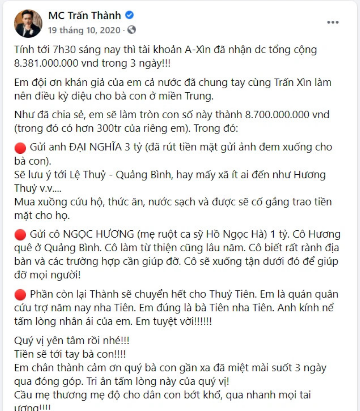 Lý do Trấn Thành xóa bài đăng kêu gọi quyên góp cứu trợ lũ lụt ở miền Trung? Ảnh 5