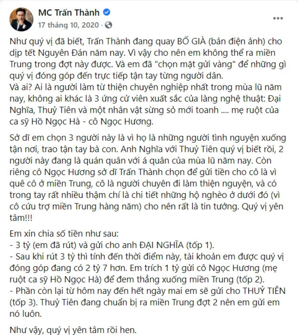 Lý do Trấn Thành xóa bài đăng kêu gọi quyên góp cứu trợ lũ lụt ở miền Trung? Ảnh 4