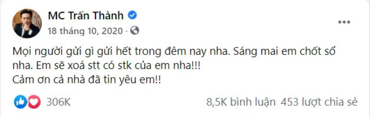 Lý do Trấn Thành xóa bài đăng kêu gọi quyên góp cứu trợ lũ lụt ở miền Trung? Ảnh 3