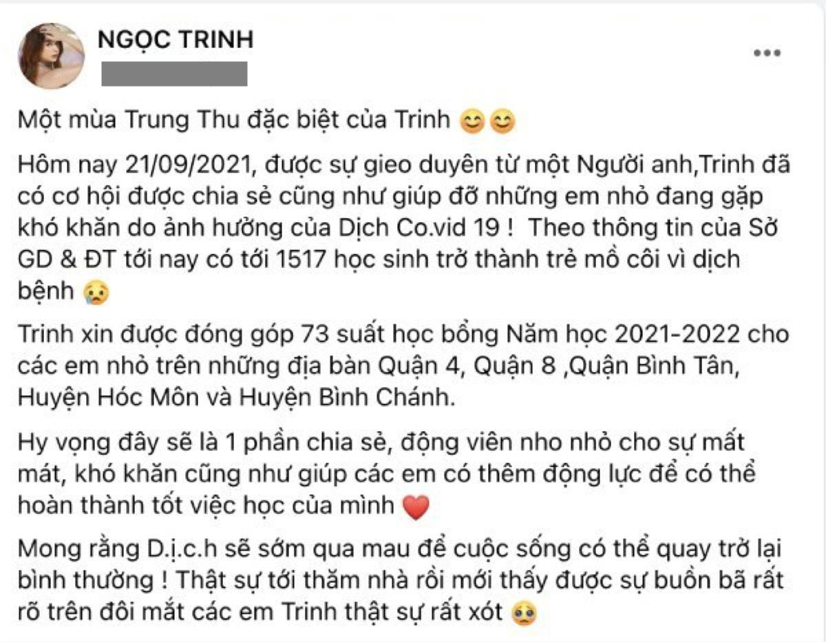 Ngọc Trinh trao học bổng cho trẻ em mồ côi vì đại dịch Covid-19 Ảnh 1