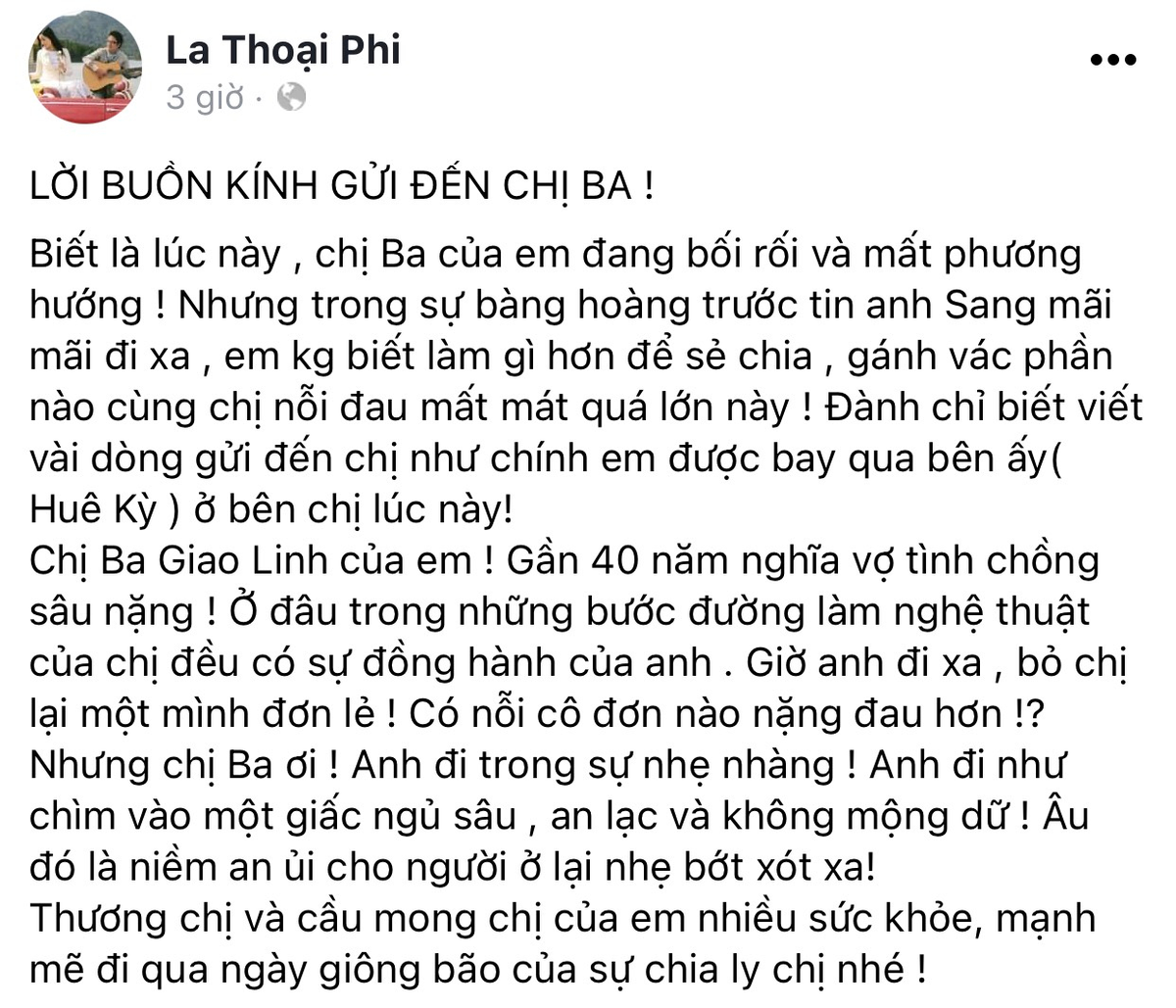 Nghệ sĩ Việt chia buồn trước sự ra đi của ông xã danh ca Giao Linh: 'Giờ anh đi xa, bỏ lại chị đơn lẻ' Ảnh 2