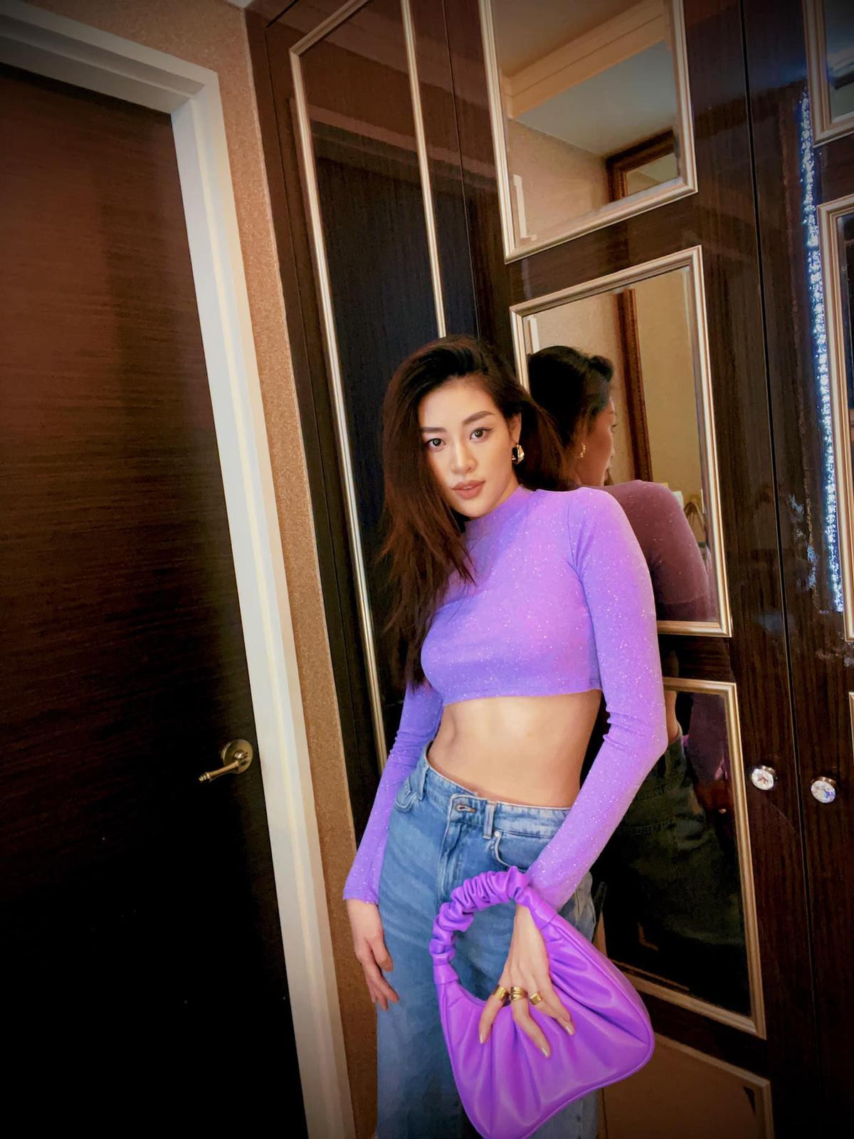 Hoa hậu Khánh Vân diện áo crop-top sắc tím khoe vòng eo không chút mỡ thừa Ảnh 5