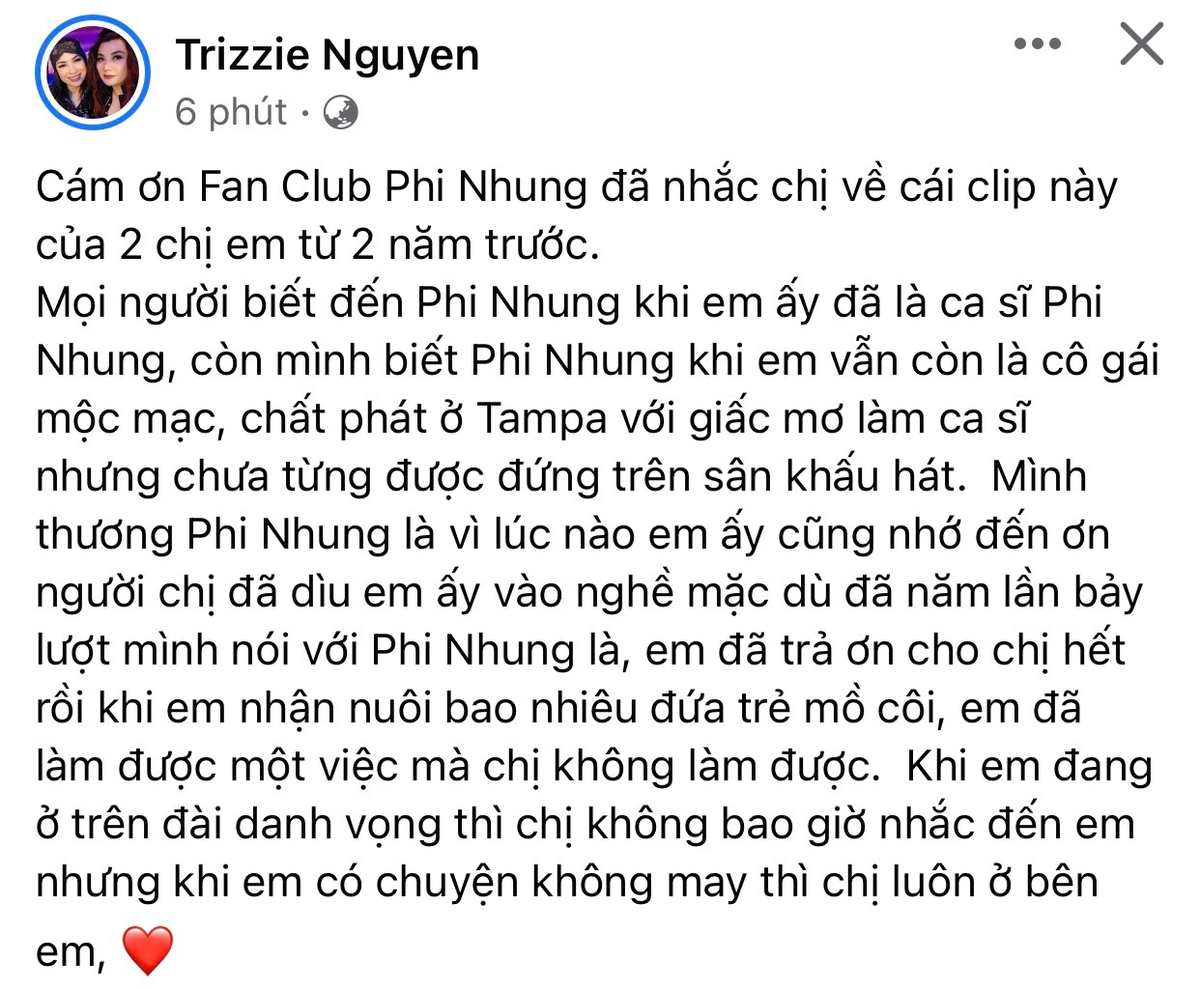 Trizzie Phương Trinh nhắn gửi Phi Nhung: 'Em đã trả ơn hết cho chị rồi' Ảnh 1