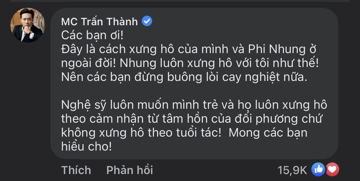 Trấn Thành lên tiếng giải thích khi bị dân mạng bắt lỗi về cách xưng hô trong bài đăng tiễn đưa Phi Nhung Ảnh 4