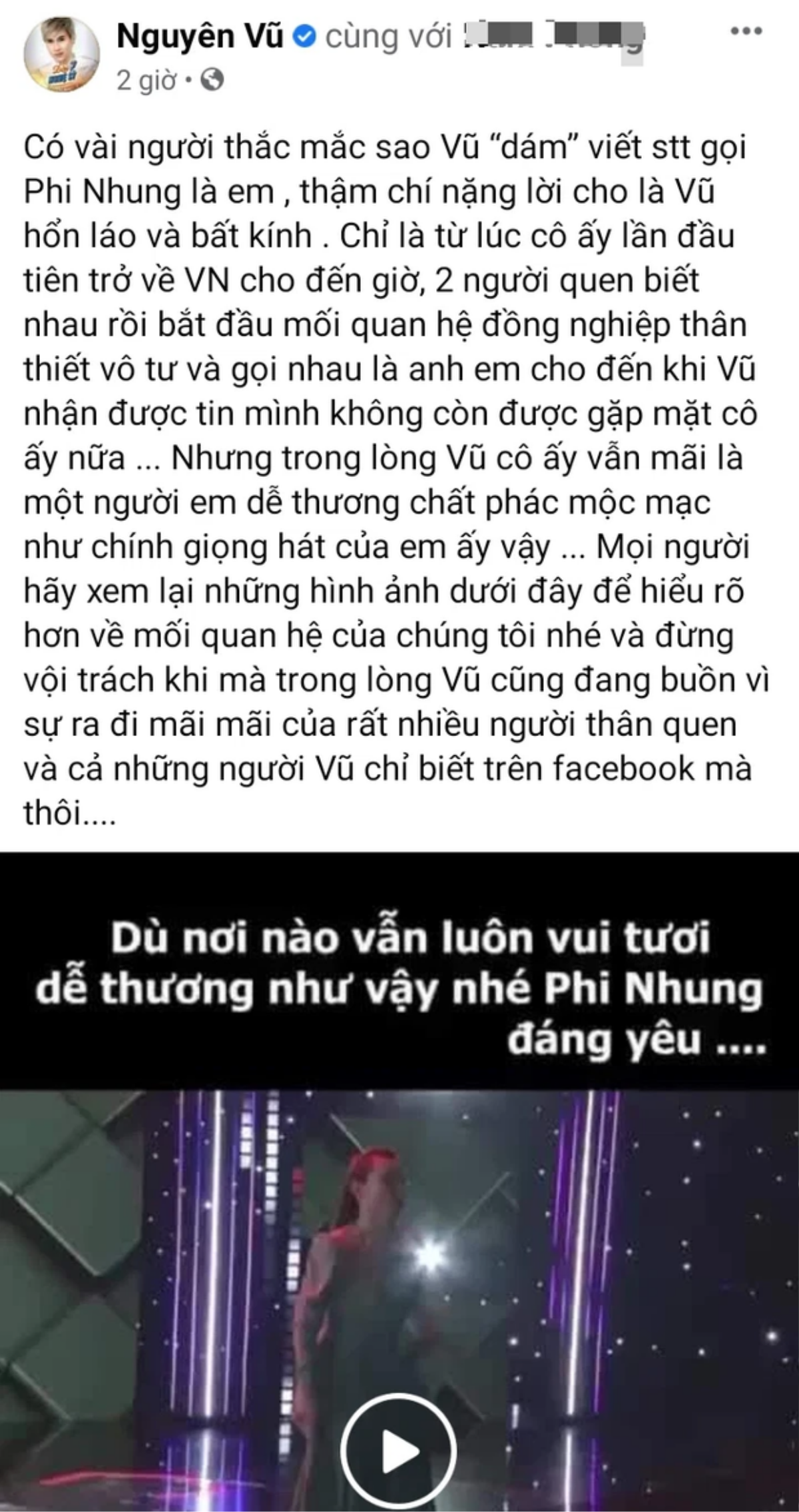 Nguyên Vũ giải thích việc gọi Phi Nhung là 'em' dù kém hơn cố nghệ sĩ 5 tuổi.