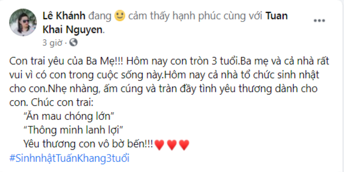 Lê Khánh tự tay tổ chức sinh nhật tròn 3 tuổi cho bé Tuấn Khang và không quên nhắn gửi đến con trai Ảnh 2