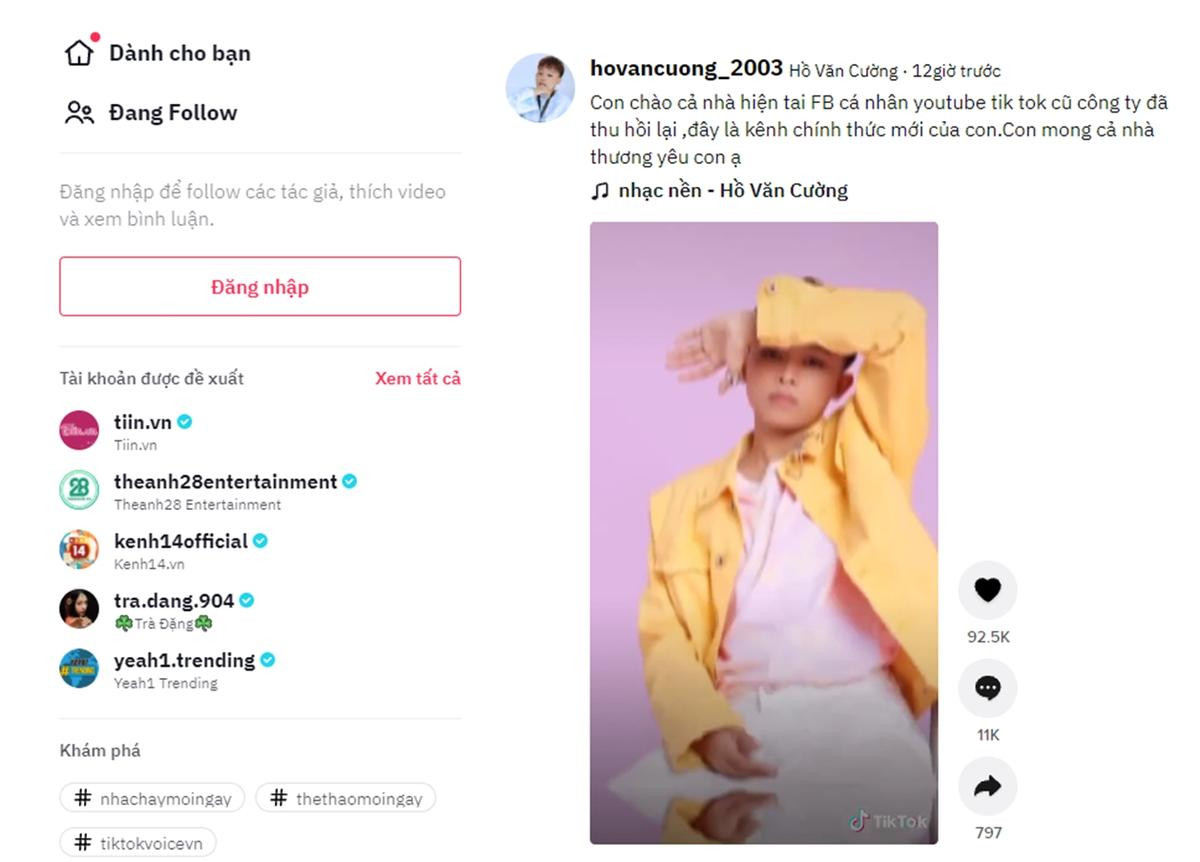 Xuất hiện kênh TikTok của Hồ Văn Cường sau khi chia tay công ty ca sĩ Phi Nhung Ảnh 1