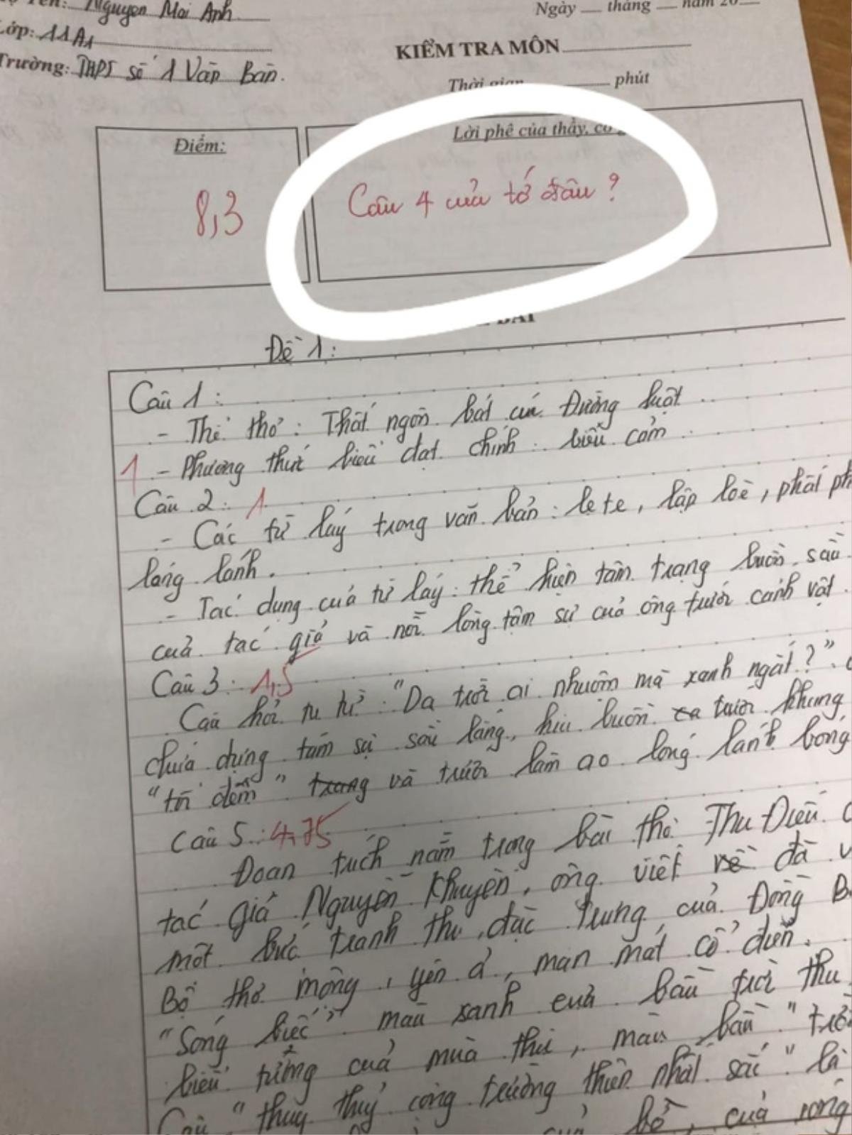 Nữ sinh làm bài thiếu 1 câu vẫn được cô cho điểm cao, đọc sang lời phê mới khiến dân tình thêm thích thú Ảnh 1