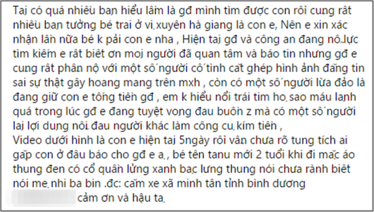 Mẹ bé trai 2 tuổi mất tích lên tiếng bức xúc: 'Có người lừa đảo là đang giữ con em để tống tiền' Ảnh 2