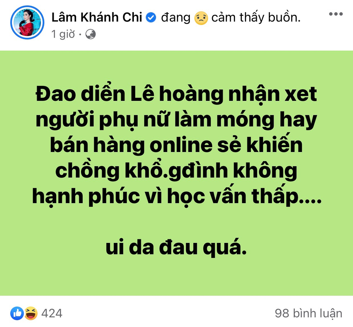 Lâm Khánh Chi 'đau đớn' trước phát ngôn 'phụ nữ bán hàng online khiến chồng khổ' của đạo diễn Lê Hoàng Ảnh 1