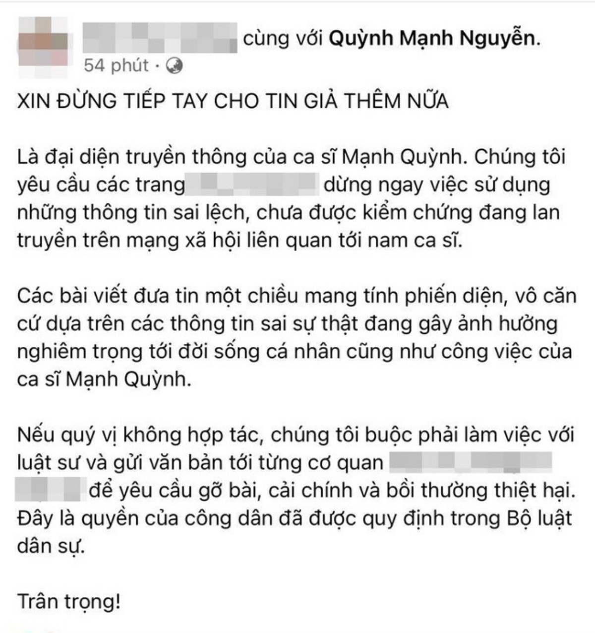 Phía Mạnh Quỳnh bức xúc trước những thông tin sai lệch, sẽ nhờ đến pháp luật nếu sự việc đi quá xa Ảnh 3