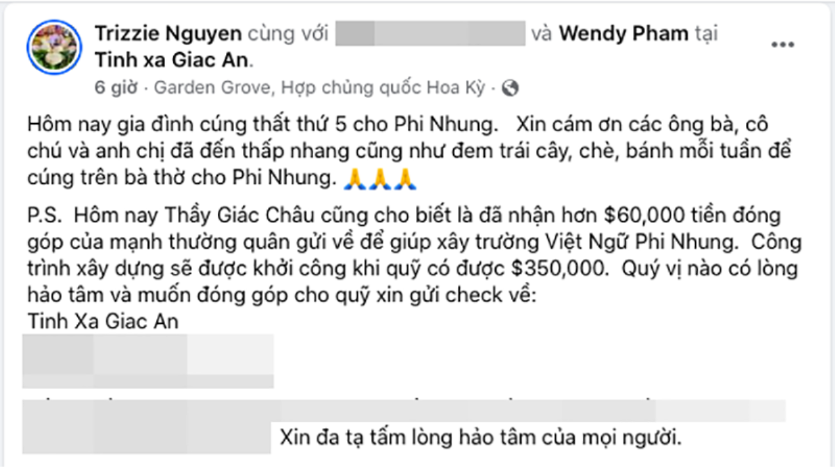 Lễ cúng thất thứ 5 cho Phi Nhung, Trizzie Phương Trinh tiết lộ số tiền quyên góp được sẽ xây trường học Ảnh 1