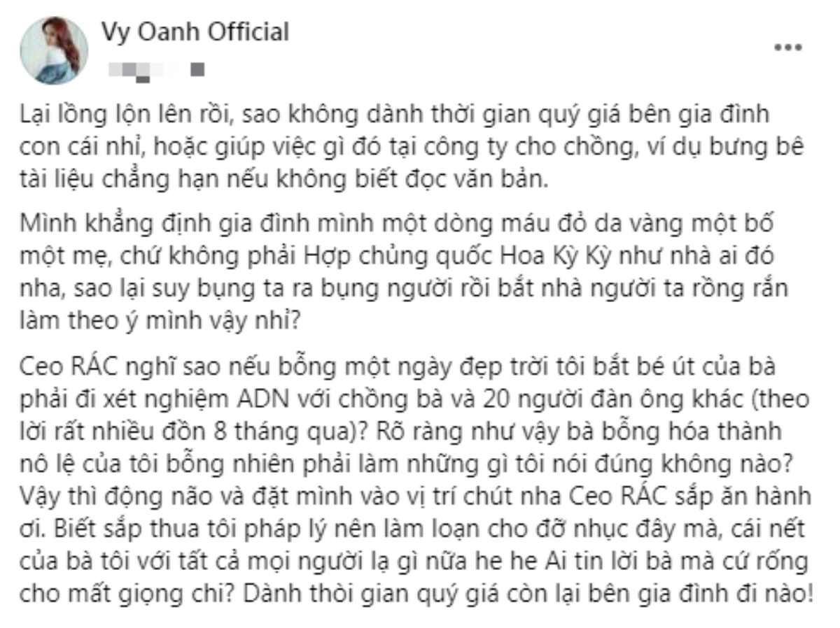 Vy Oanh khẳng định gia đình chung dòng máu, đòi bắt 'bé út' ai đó đi xét nghiệm ADN Ảnh 2