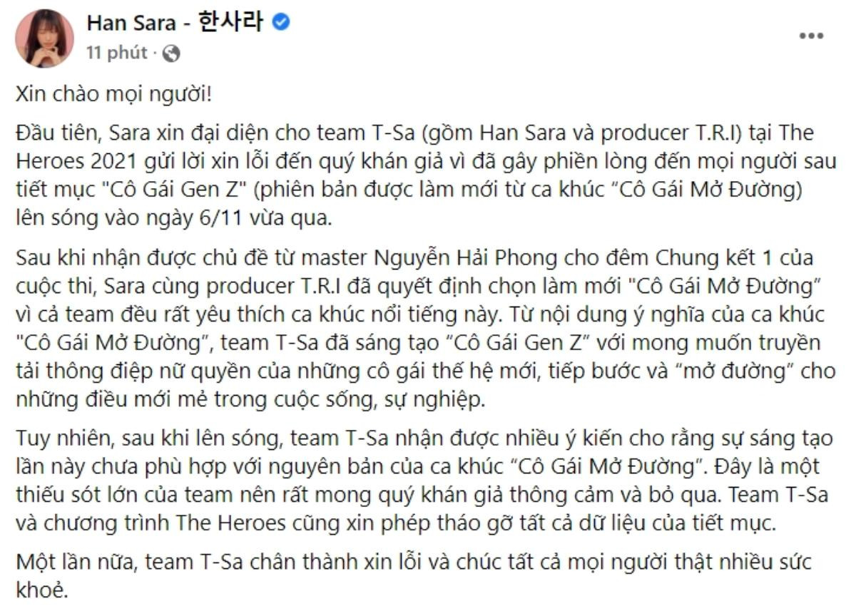 Han Sara đăng tải tâm thư xin lỗi sau màn làm mới ca khúc 'Cô Gái Mở Đường', mong được khán giả thông cảm Ảnh 3