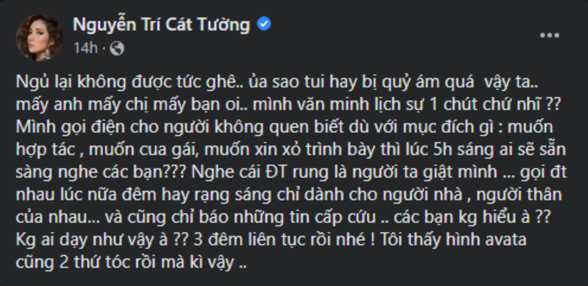 MC Cát Tường mắng kẻ làm phiền lúc 5 giờ sáng: 'Đầu 2 thứ tóc rồi mà kì' Ảnh 1