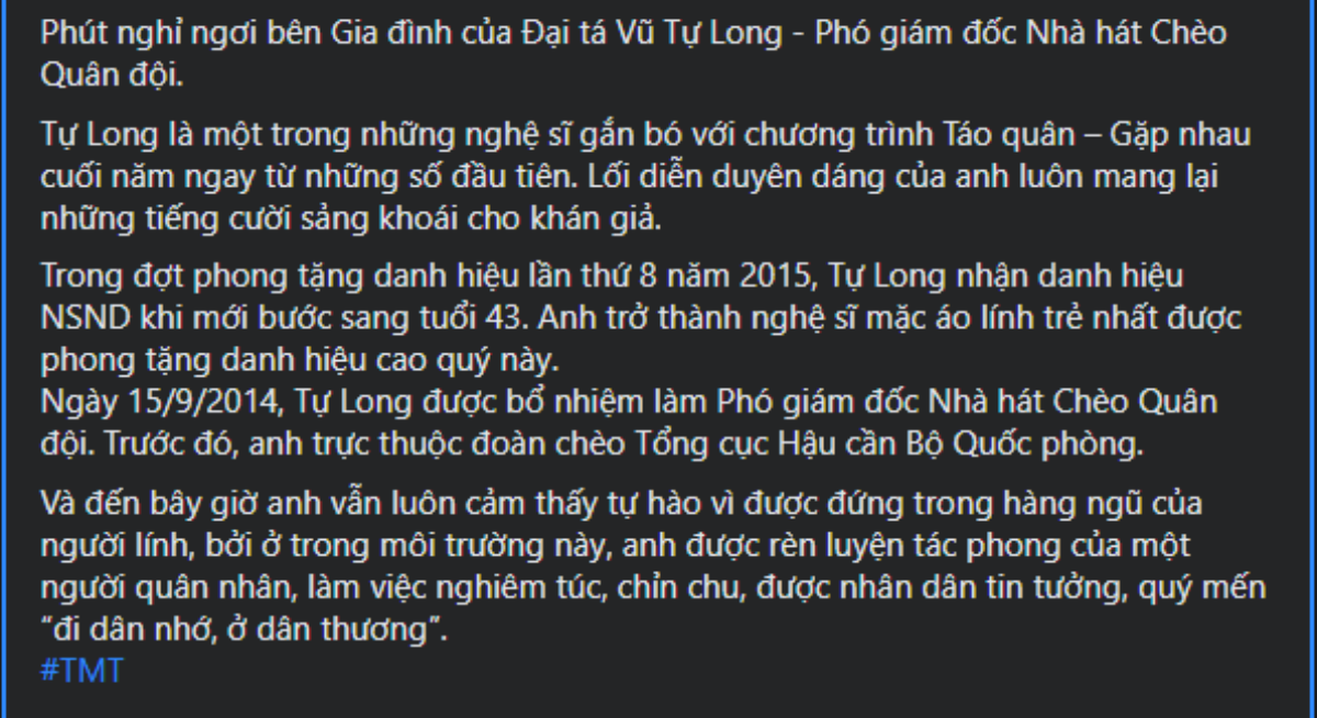 Bài viết đăng tải những mốc son trong sự nghiệp của nghệ sĩ hài Tự Long