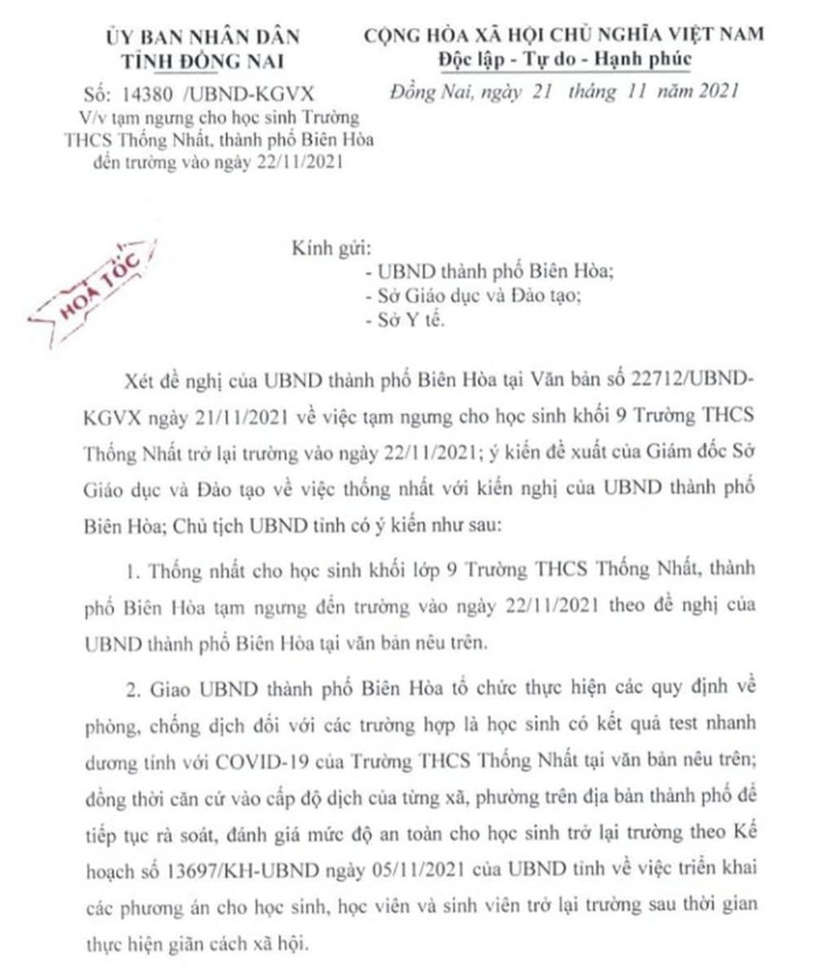 Đồng Nai tạm dừng thí điểm cho học sinh một trường THCS đến trường do phát hiện nhiều F0 Ảnh 1