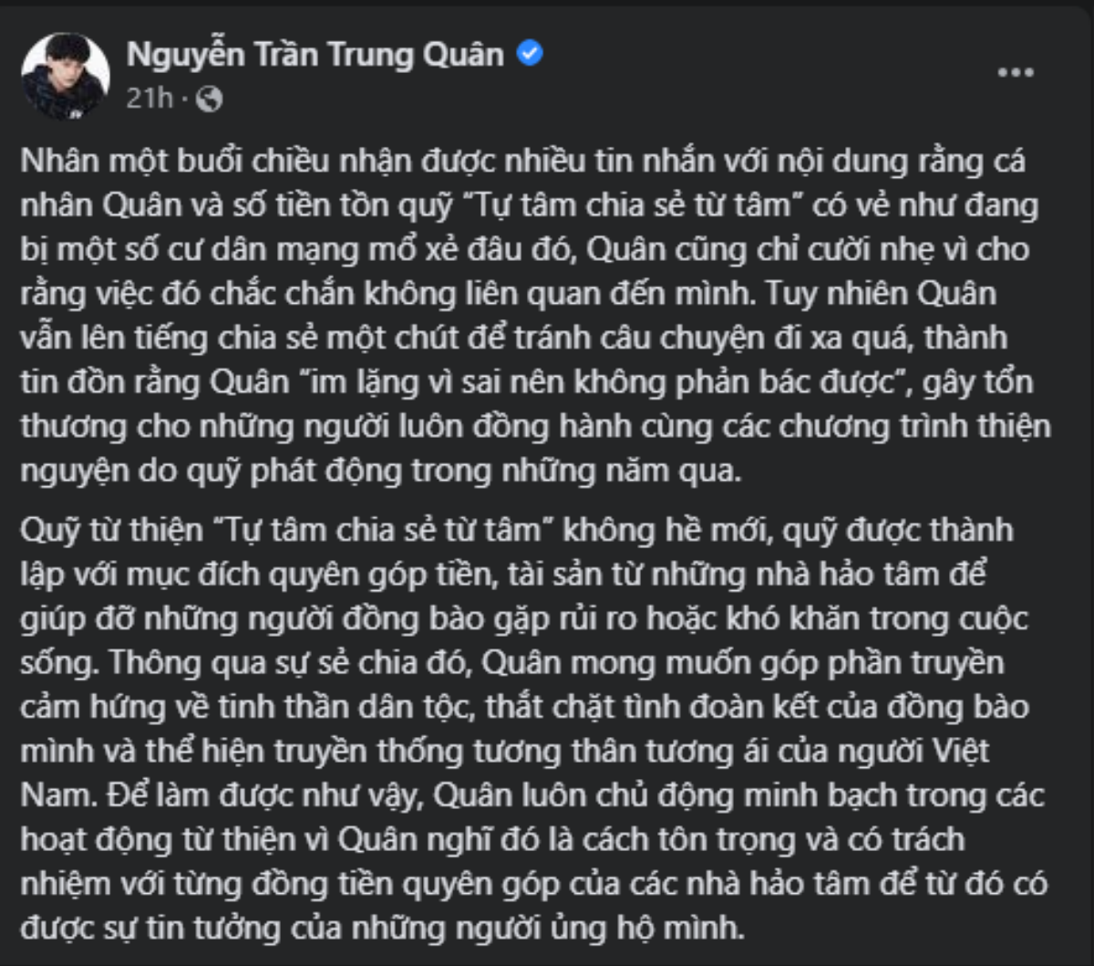 Bị nghi 'ỉm hơn 186 triệu đồng tiền từ thiện', ca sĩ Nguyễn Trần Trung Quân lên tiếng Ảnh 1