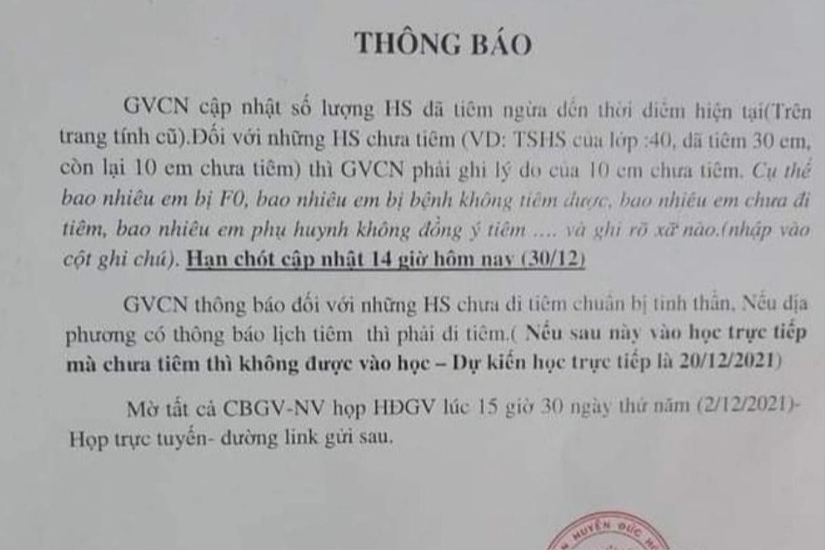 Trường học thu hồi thông báo có nội dung 'chưa tiêm vaccine thì không được vào học' Ảnh 1