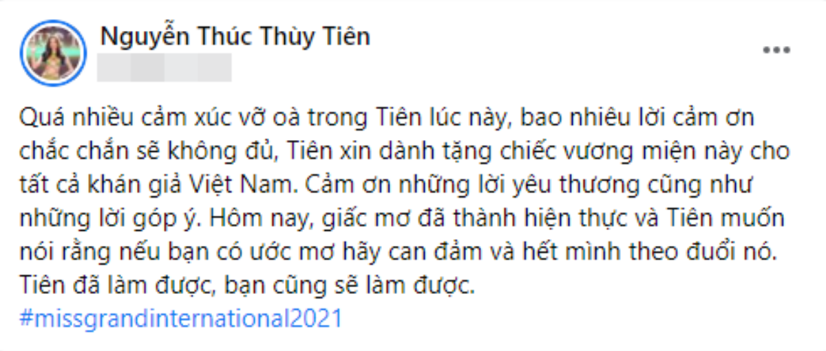 Tân Miss Grand International - Thùy Tiên: 'Muốn dành tặng chiếc vương miện này cho tất cả khán giả Việt' Ảnh 1