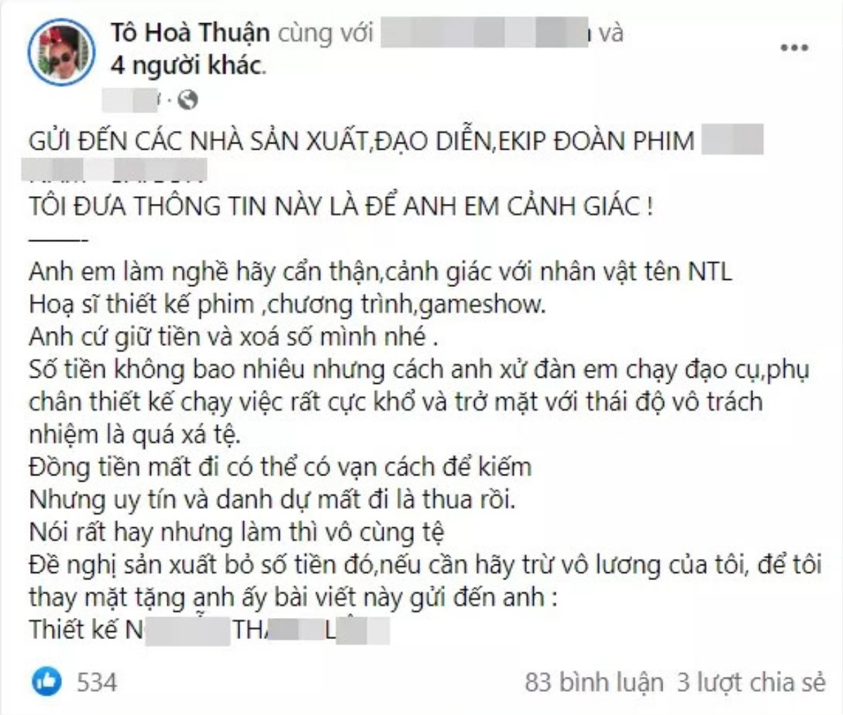 Diễn viên Quốc Thuận tố một nhà thiết kế quỵt tiền: 'Anh em hãy cẩn thận, cảnh giác với nhân vật này' Ảnh 2