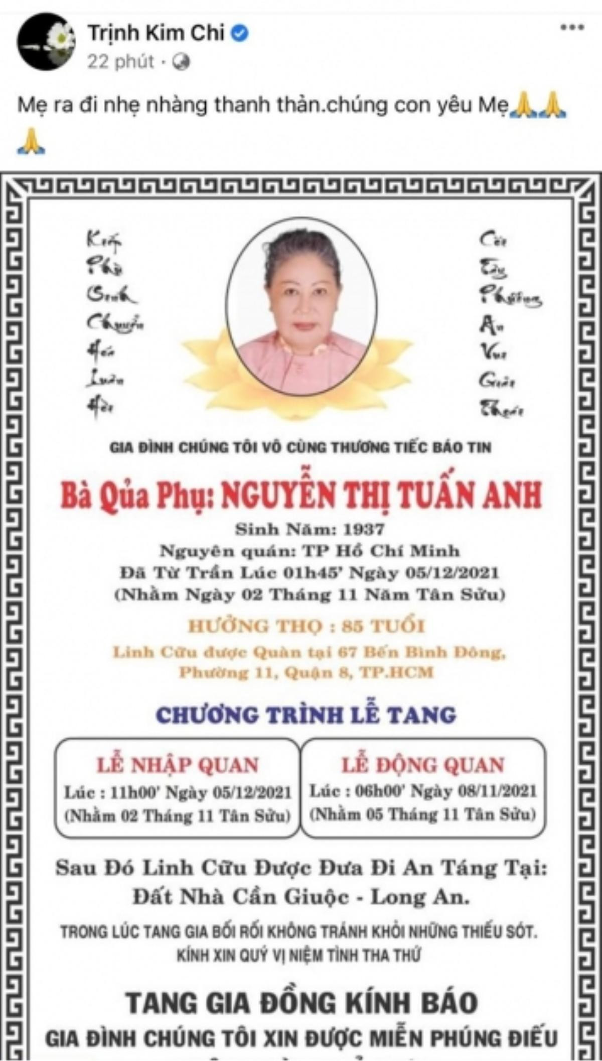 NSƯT Trịnh Kim Chi lại đón nhận tin buồn mất người thân trong thời gian ngắn Ảnh 1