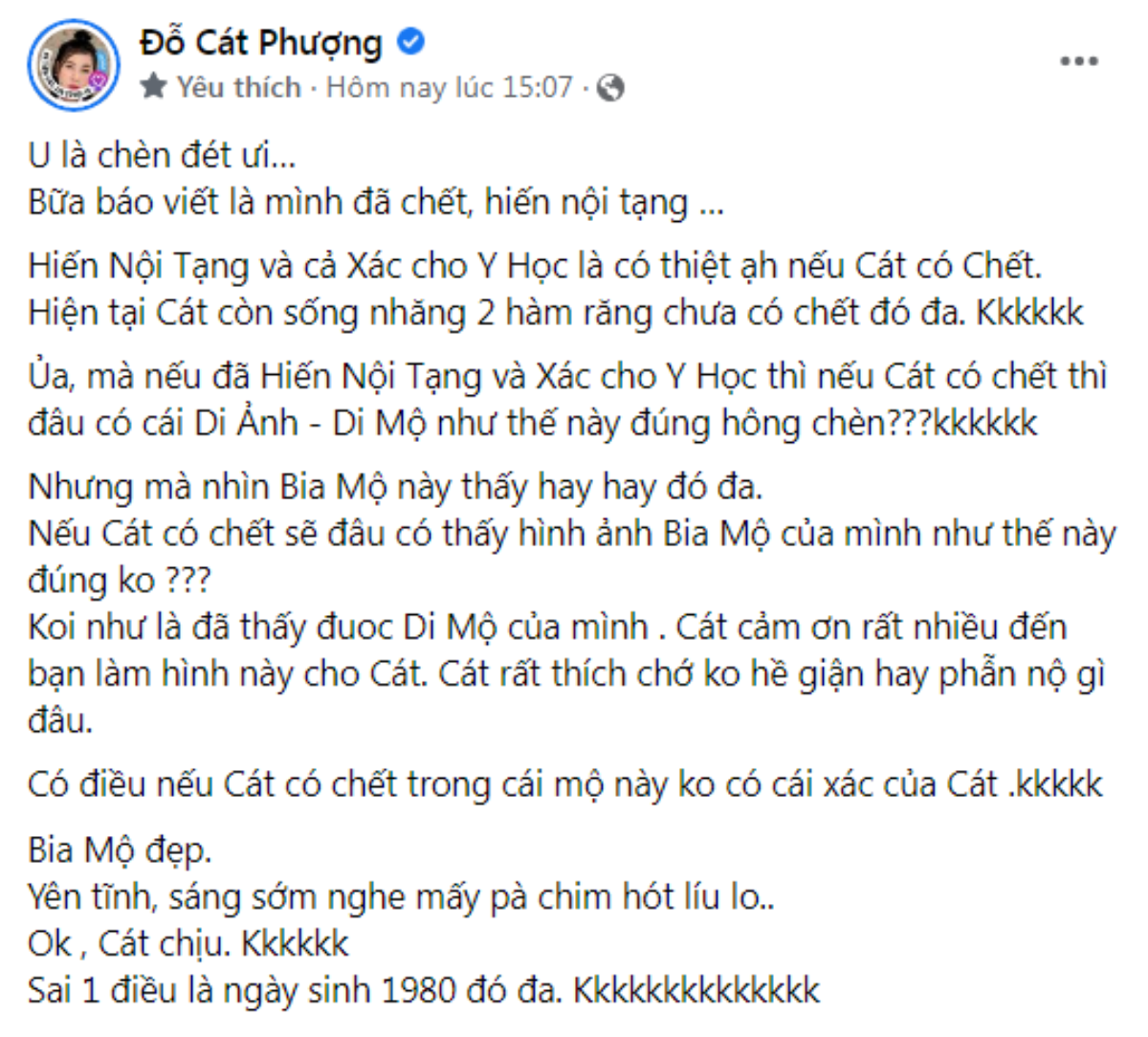 Cát Phượng gửi lời cảm ơn đến người làm bia mộ cho mình, hứa hiến xác cho y học Ảnh 3