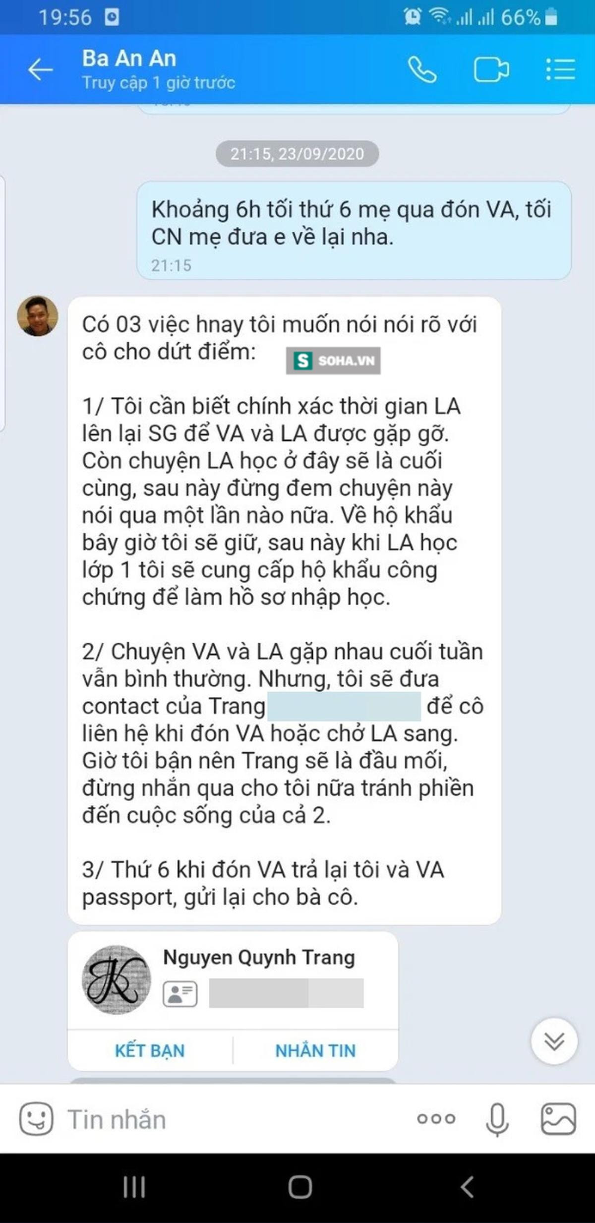 Tin nhắn mà ông Thái nhắn cho mẹ ruột bé V.A. Ảnh: Pháp luật & Bạn đọc