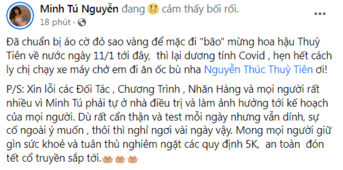 Minh Tú bị nhiễm Covid-19, hẹn Miss Grand Thùy Tiên đi ăn ốc sau khi khỏi bệnh Ảnh 1