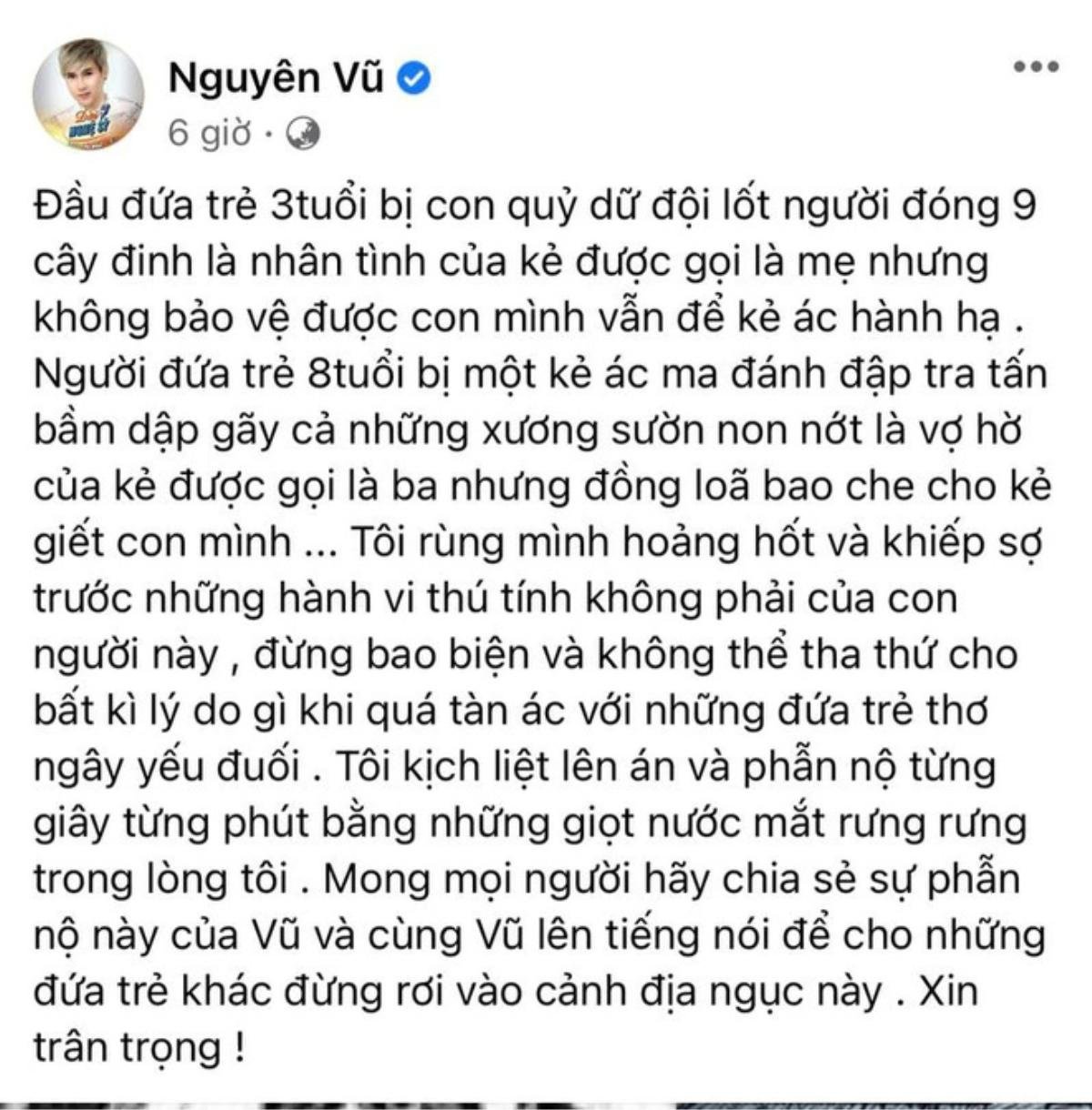 Ca sĩ Nguyên Vũ, MC Trấn Thành... lên tiếng bảo vệ bé 3 tuổi bị đóng đinh lên đầu Ảnh 1