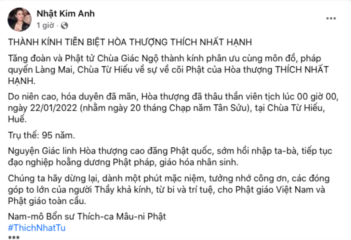 NSƯT Mỹ Uyên, Dương Triệu Vũ cùng nhiều sao Việt đau buồn trước sự ra đi của Thiền sư Thích Nhất Hạnh Ảnh 4