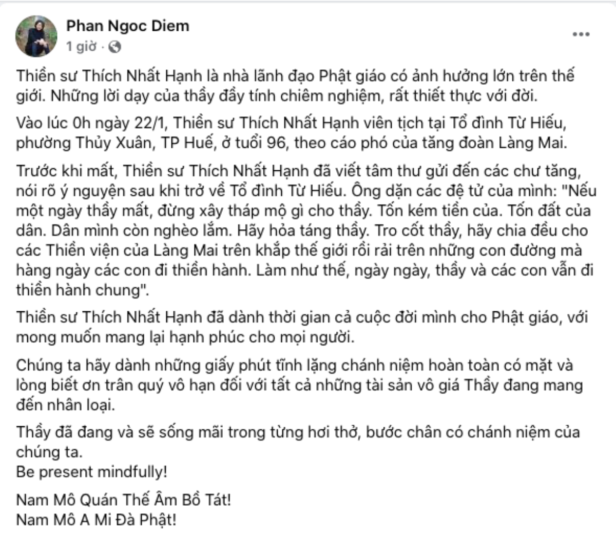 NSƯT Mỹ Uyên, Dương Triệu Vũ cùng nhiều sao Việt đau buồn trước sự ra đi của Thiền sư Thích Nhất Hạnh Ảnh 5