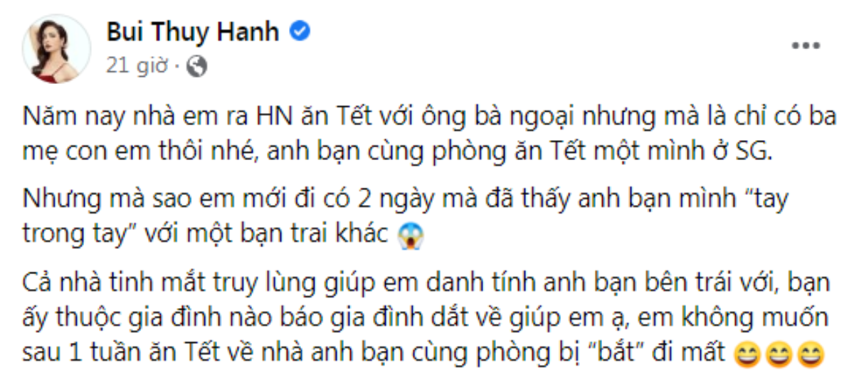 Thúy Hạnh công khai truy tìm 'tiểu tam' nắm tay chồng đi chơi Tết Ảnh 2