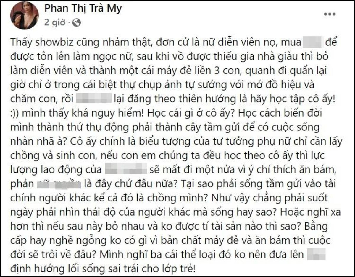 Trà My 'đá xéo' Tăng Thanh Hà là 'máy đẻ' và 'ăn bám' nhà chồng Ảnh 2