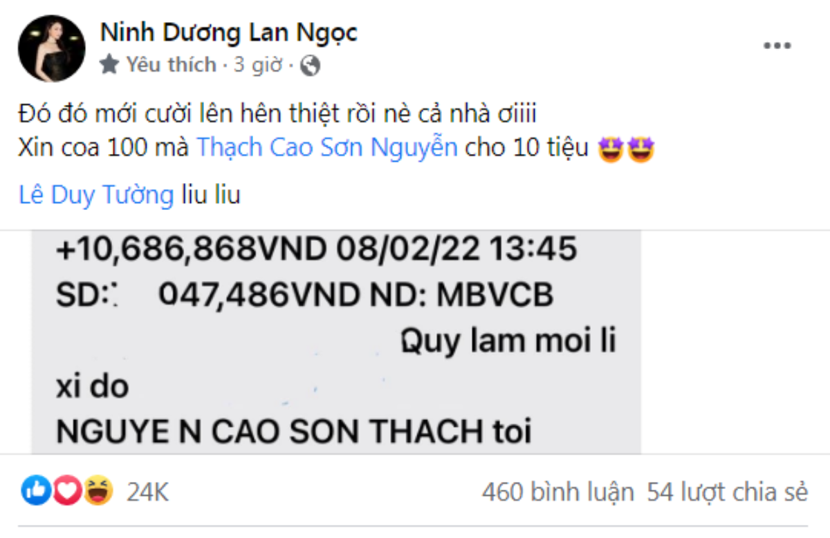 Bất ngờ với con số 'khủng' mà S.T Sơn Thạch lì xì cho Ninh Dương Lan Ngọc Ảnh 2