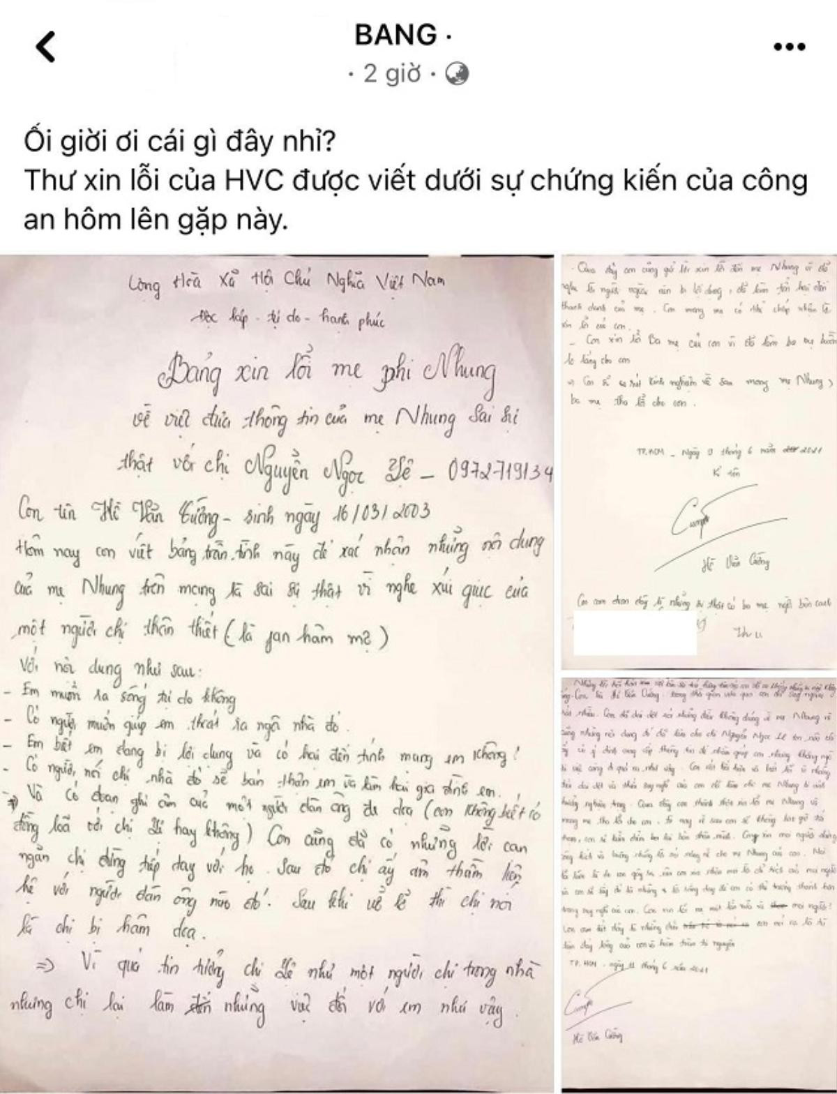 Xôn xao bức thư tay Hồ Văn Cường gửi xin lỗi cố ca sĩ Phi Nhung và hé lộ về cuộc sống ở nhà mẹ nuôi Ảnh 1