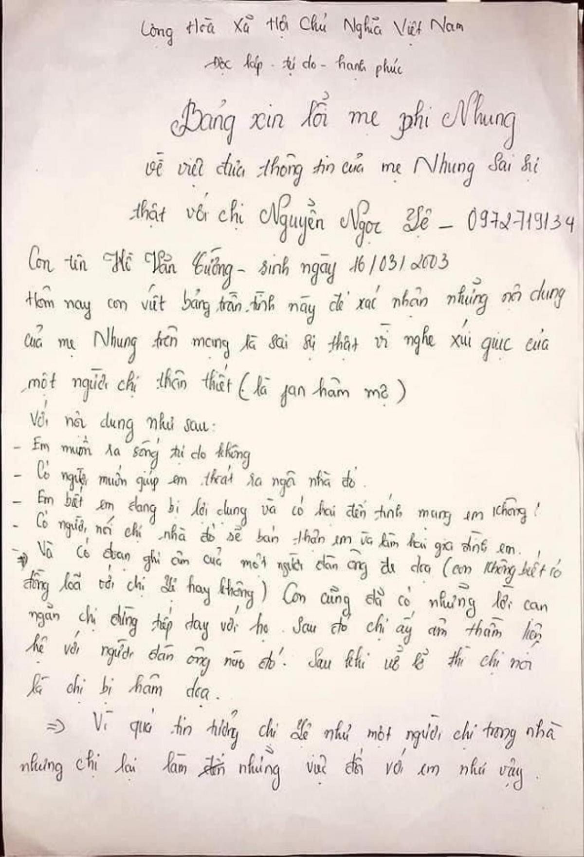 Xôn xao bức thư tay Hồ Văn Cường gửi xin lỗi cố ca sĩ Phi Nhung và hé lộ về cuộc sống ở nhà mẹ nuôi Ảnh 2