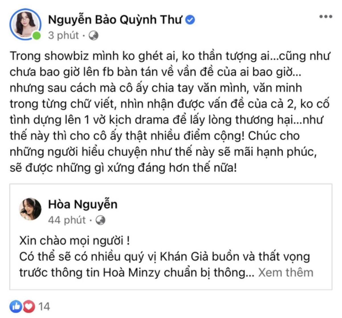 Quỳnh Thư khen ngợi Hoà Minzy: 'Văn minh, không cố tình dựng lên một vở kịch để lấy lòng thương hại' Ảnh 2