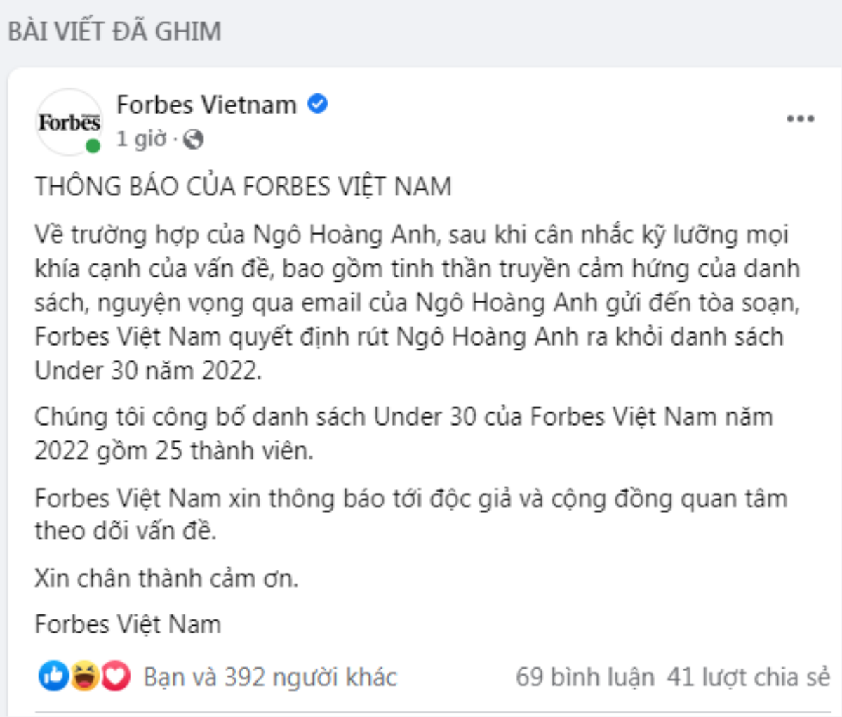 Forbes Việt Nam chính thức rút tên Ngô Hoàng Anh khỏi danh sách Under 30 sau cáo buộc gạ tình Ảnh 1