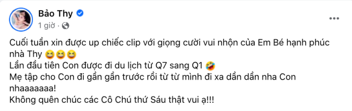 Bài đăng của Bảo Thy về việc đưa con đi du lịch dịp cuối tuần. 