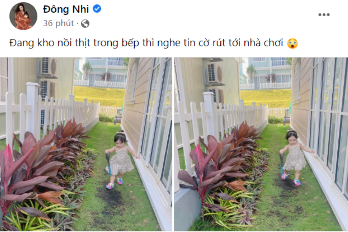 Đông Nhi chia sẻ loạt biểu cảm của bé Winnie khi đang 'kho thịt' thì có 'crush' đến nhà chơi Ảnh 1