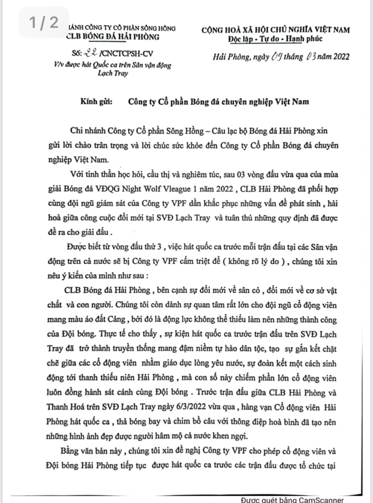 Phản biện VPF, CLB Hải Phòng đề nghị cho CĐV và cầu thủ tiếp tục hát Quốc ca Ảnh 2